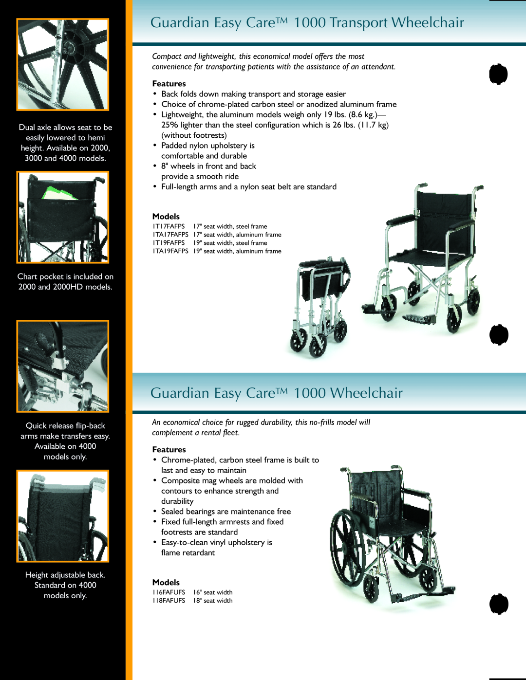 Sunrise Medical Wheelerchair Guardian Easy Care 1000 Transport Wheelchair, Guardian Easy Care 1000 Wheelchair, Features 