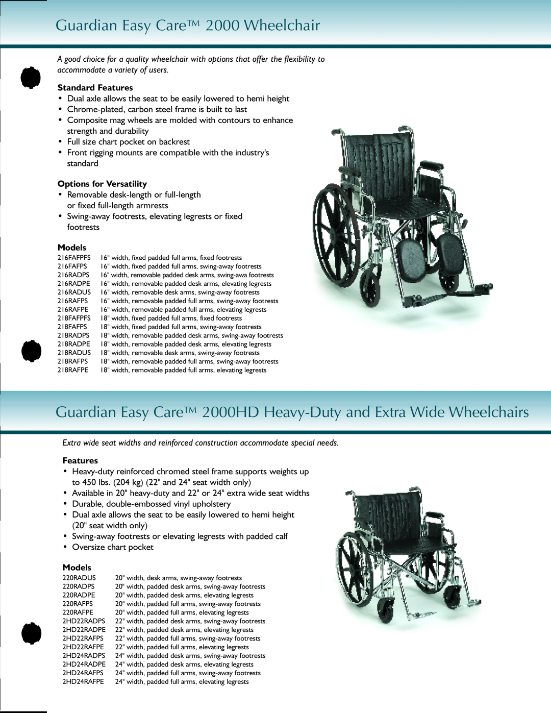 Sunrise Medical Wheelerchair manual Guardian Easy Care 2000 Wheelchair, Standard Features, Options for Versatility, Models 