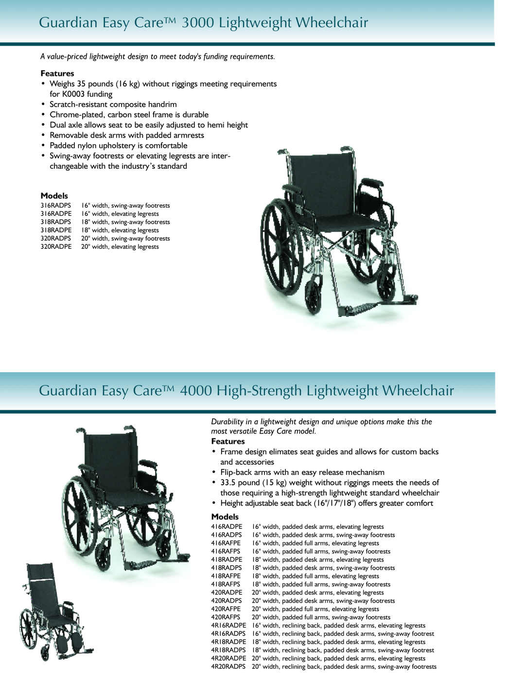 Sunrise Medical Wheelerchair manual Guardian Easy Care 3000 Lightweight Wheelchair, Features, Models 