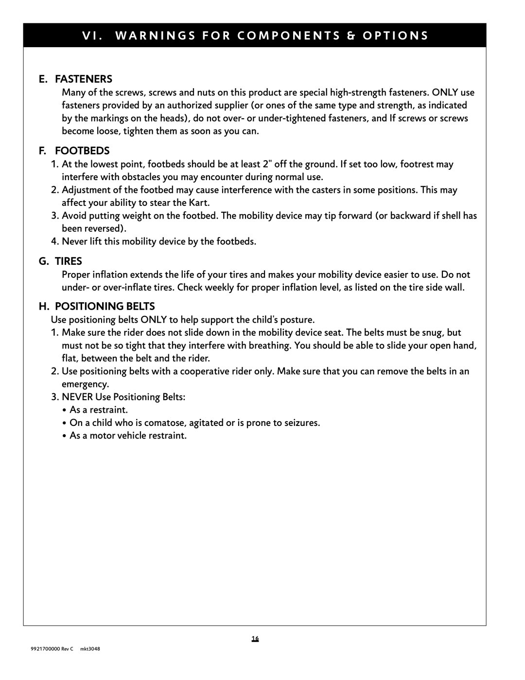 Sunrise Medical Xpress instruction manual Fasteners, Footbeds, Tires, Positioning Belts 