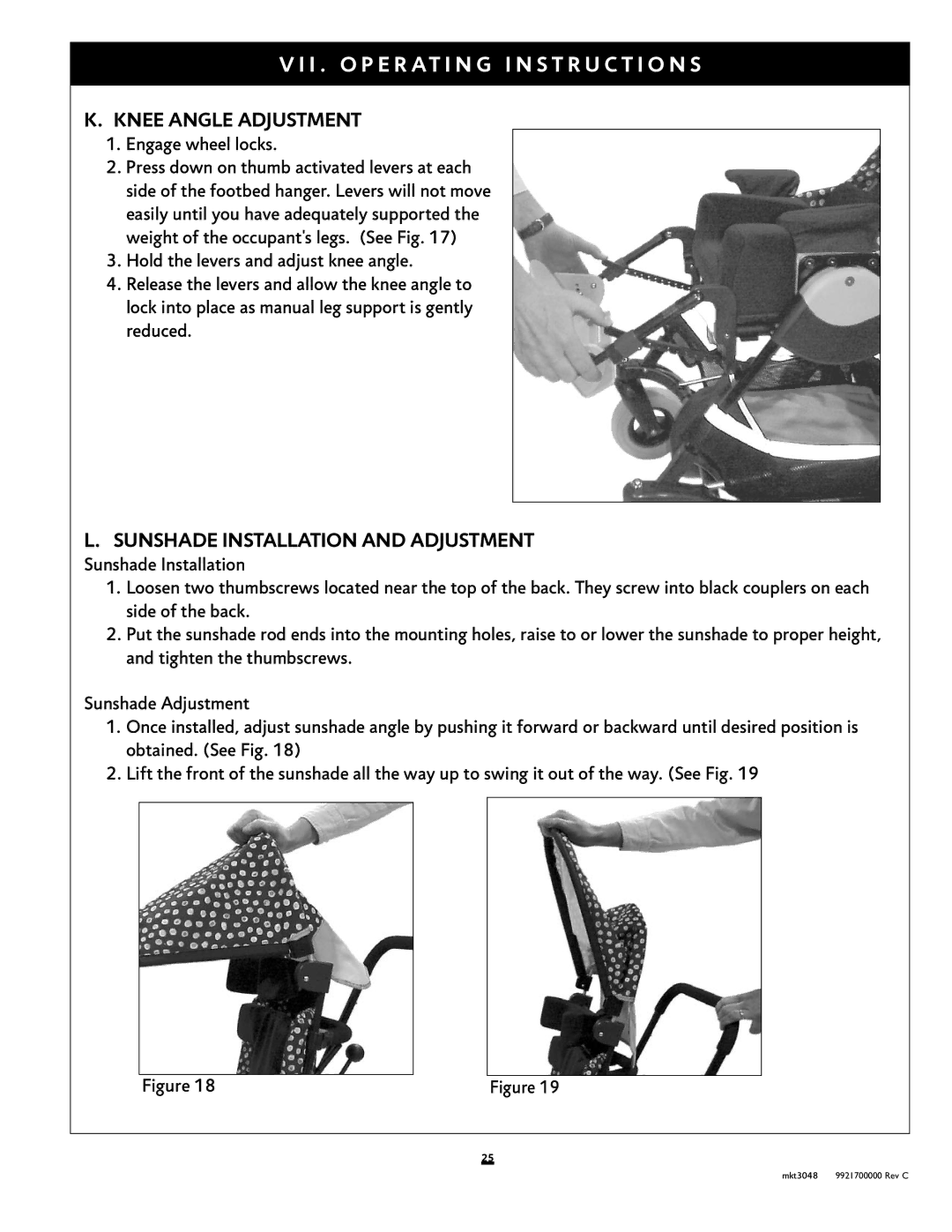 Sunrise Medical Xpress instruction manual Knee Angle Adjustment, Sunshade Installation and Adjustment 