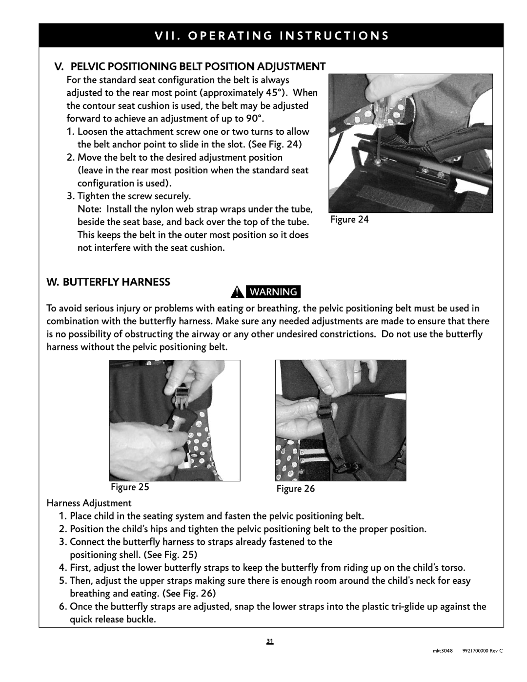 Sunrise Medical Xpress instruction manual Pelvic Positioning Belt Position Adjustment, Butterfly Harness 