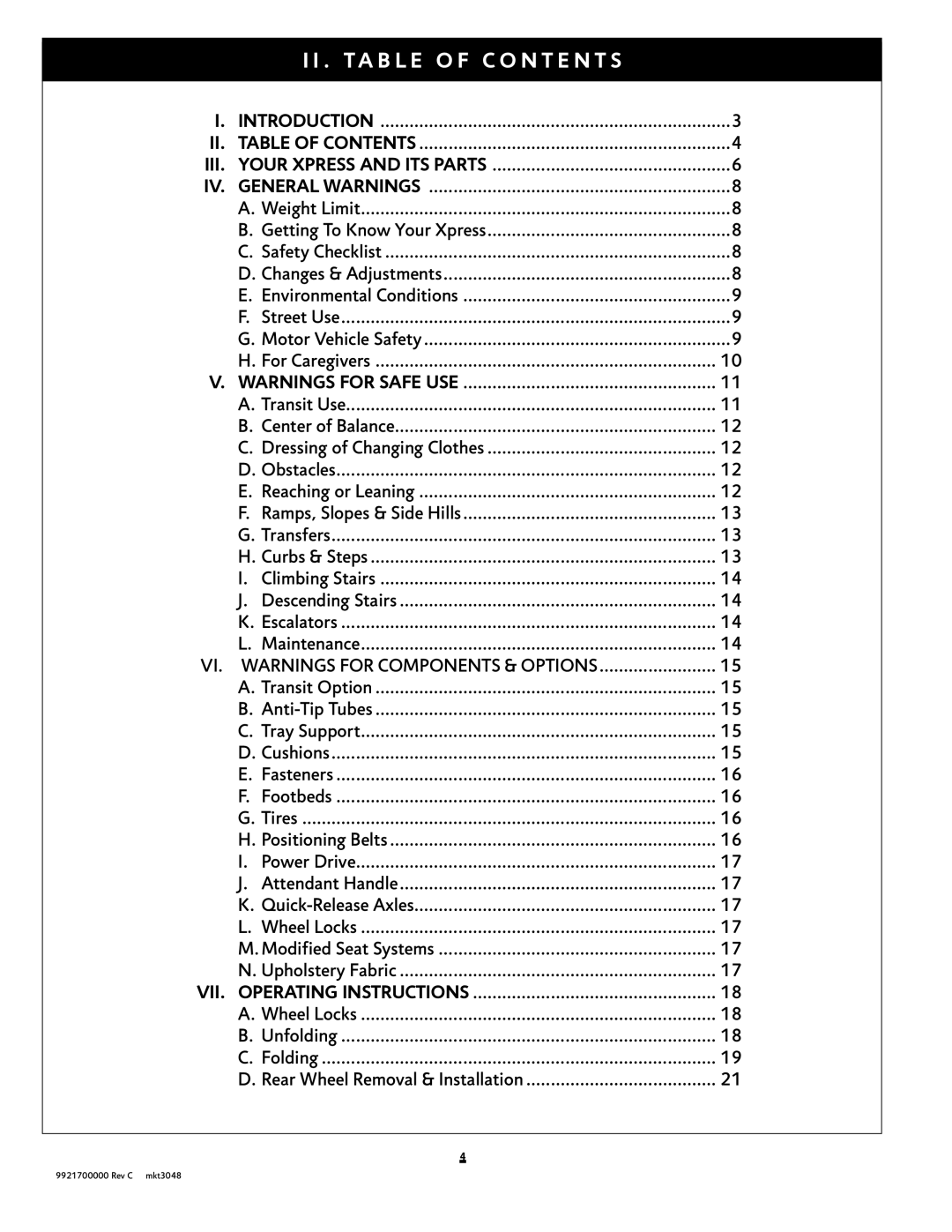 Sunrise Medical Xpress instruction manual T a B L E O F C O N T E N T S, Introduction 