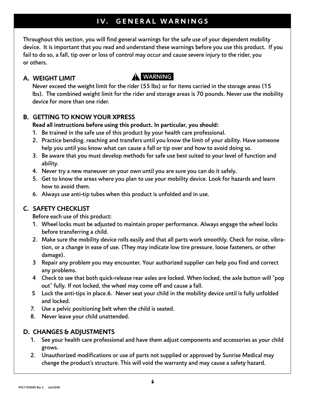 Sunrise Medical G e n e r a l w a r n i n g s, Getting to Know Your Xpress, Safety Checklist, Changes & Adjustments 