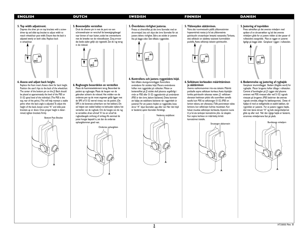 Sunrise Medical XT2505S instruction manual Top width adjustment, Assess and adjust back height, Bovenwijdte verstellen 