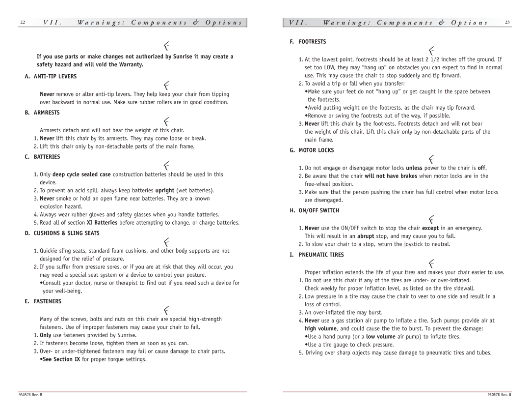 Sunrise Medical Z-500 instruction manual R n i n g s C o m p o n e n t s & O p t i o n s 