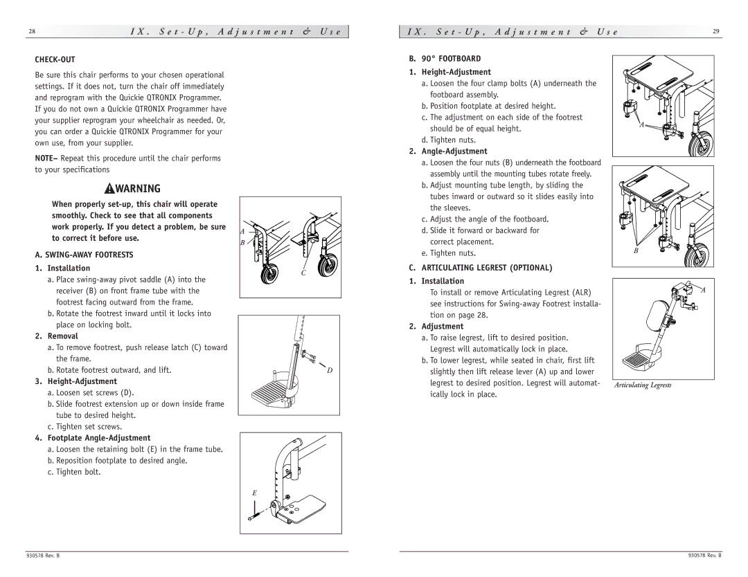 Sunrise Medical Z-500 instruction manual Check-Out, Footboard, SWING-AWAY Footrests, Articulating Legrest Optional 