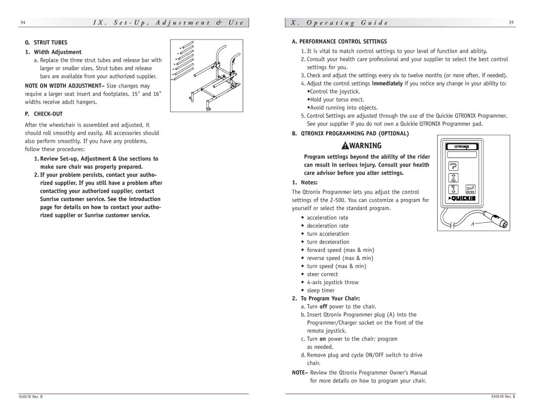 Sunrise Medical Z-500 instruction manual P e r a t i n g G u i d e, Strut Tubes, Performance Control Settings 