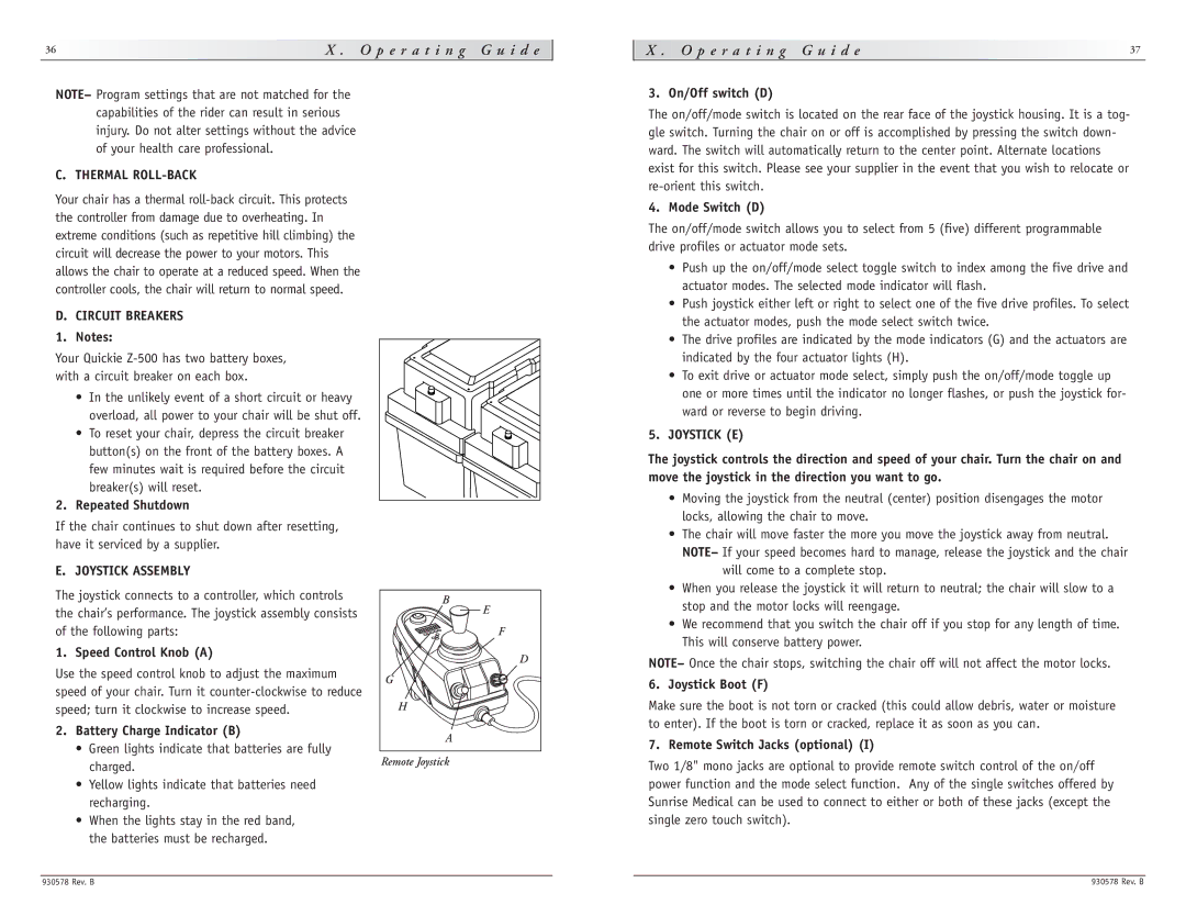 Sunrise Medical Z-500 instruction manual Thermal ROLL-BACK, Circuit Breakers, Joystick Assembly, Joystick E 