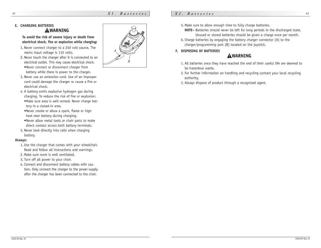 Sunrise Medical Z-500 instruction manual Charging Batteries, Always, Disposing of Batteries 