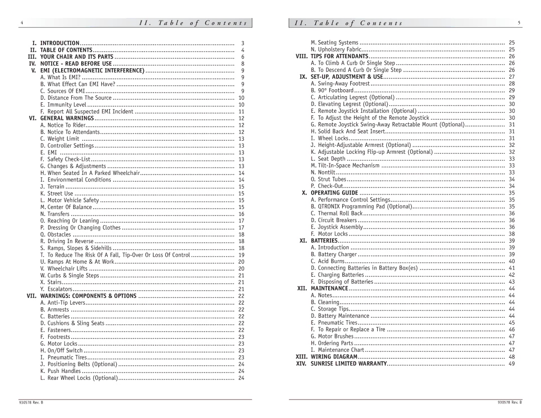 Sunrise Medical Z-500 instruction manual T a b l e o f C o n t e n t s, Emi 