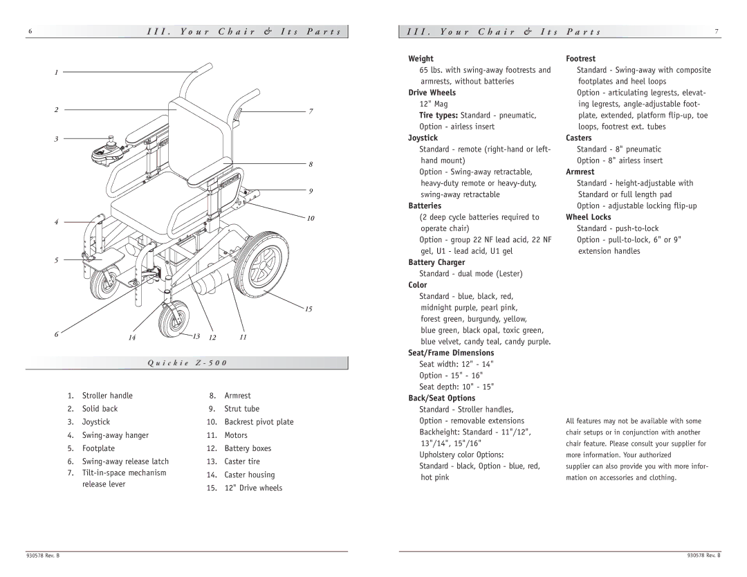 Sunrise Medical Z-500 Weight, Drive Wheels, Joystick, Footrest, Casters, Armrest, Batteries, Battery Charger, Color 