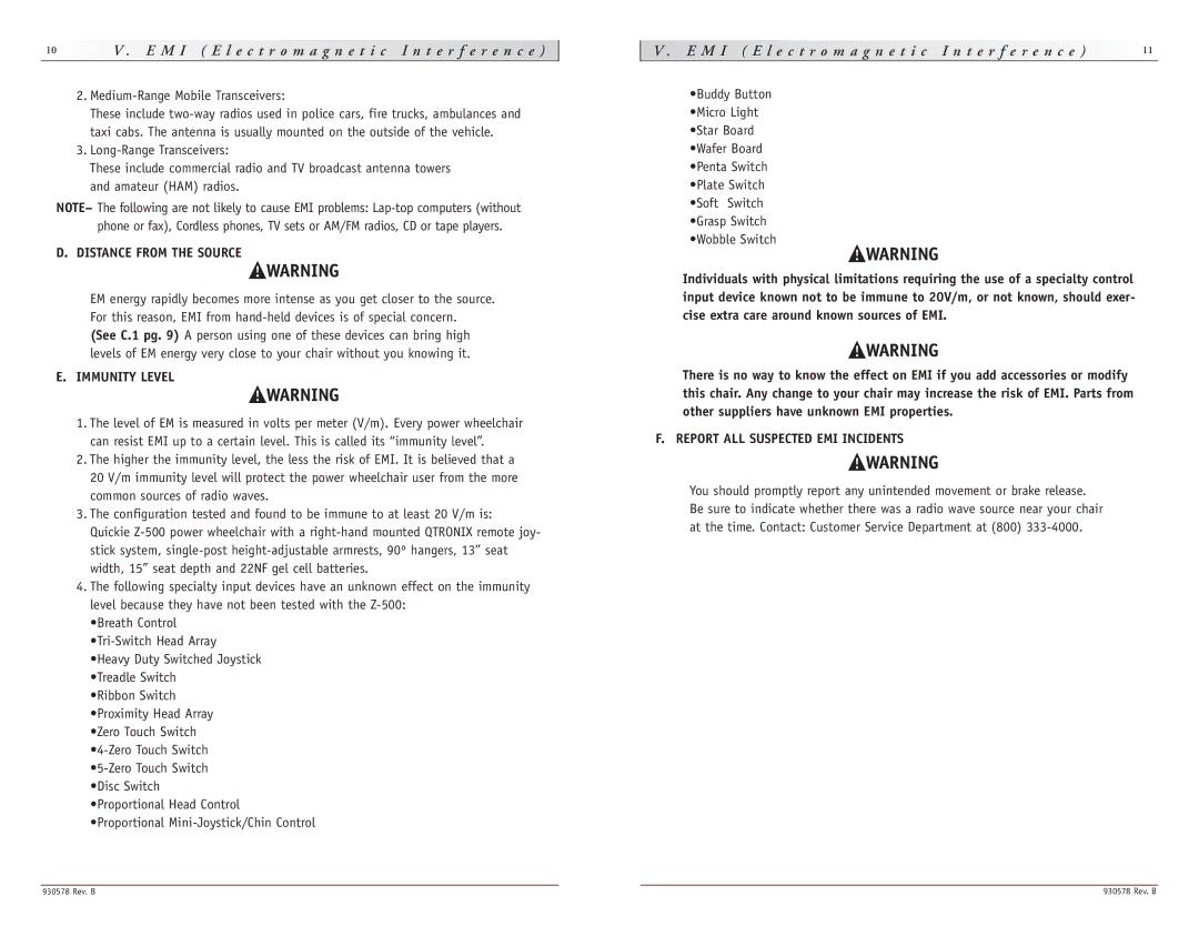 Sunrise Medical Z-500 instruction manual Distance from the Source, Immunity Level, Report ALL Suspected EMI Incidents 