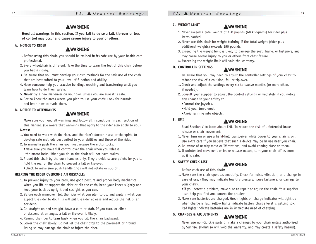 Sunrise Medical Z-500 instruction manual G e n e r a l W a r n i n g s 