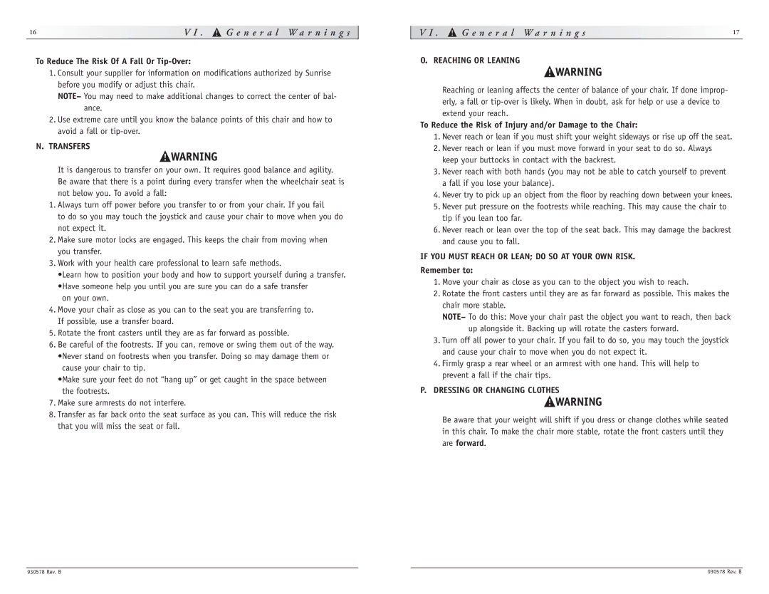 Sunrise Medical Z-500 instruction manual Transfers, Reaching or Leaning, If YOU Must Reach or Lean do SO AT Your OWN Risk 