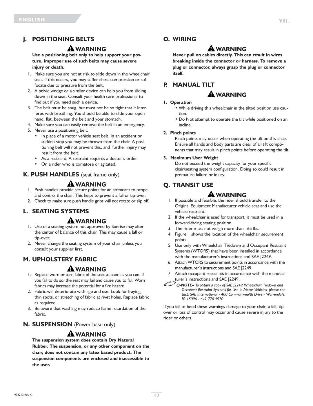 Sunrise Medical Z-Bop owner manual Positioning Belts, Seating Systems, Upholstery Fabric, Wiring, Manual Tilt, Transit USE 