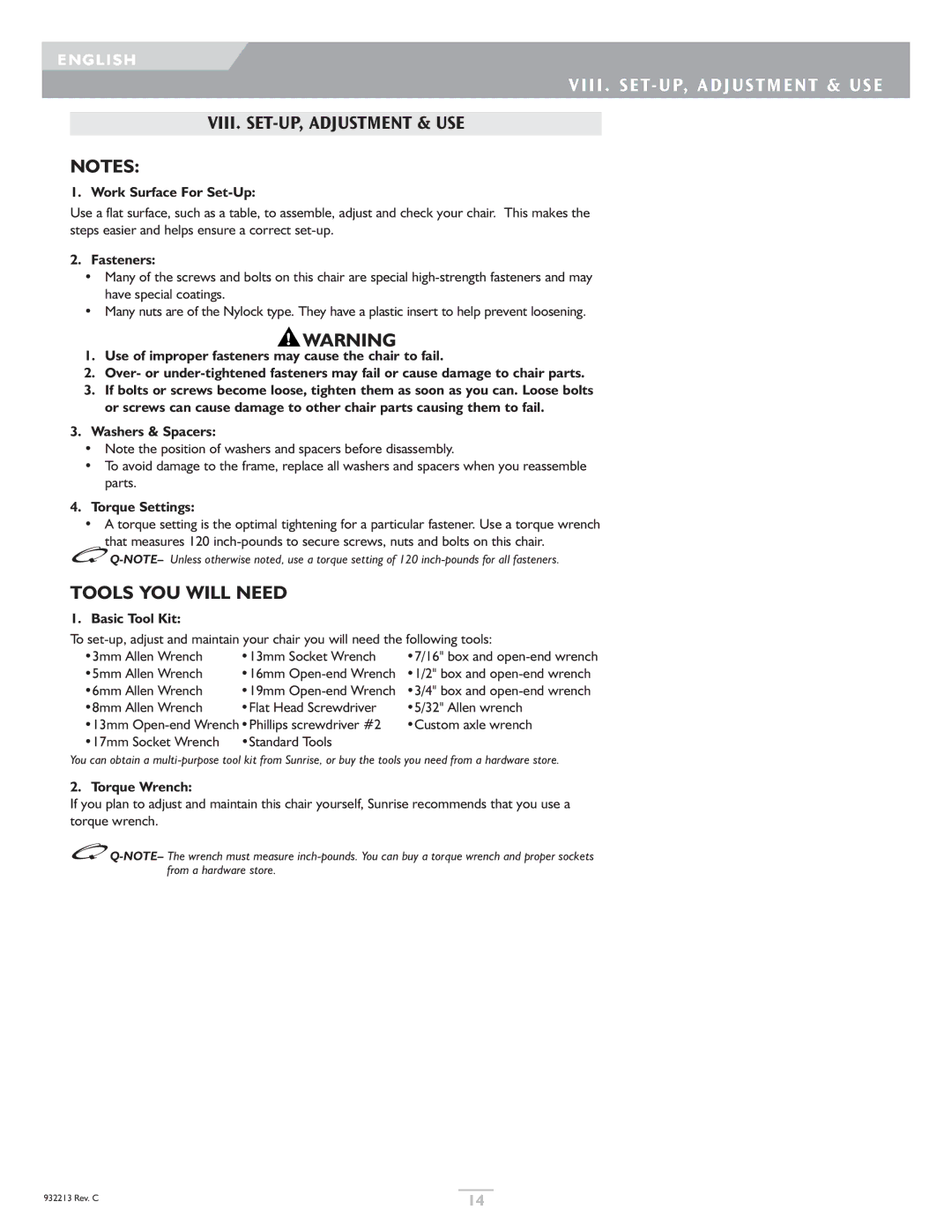 Sunrise Medical Z-Bop owner manual Viii . SET- UP, Adjustment & USE, VIII. SET-UP, Adjustment & USE, Tools YOU will Need 