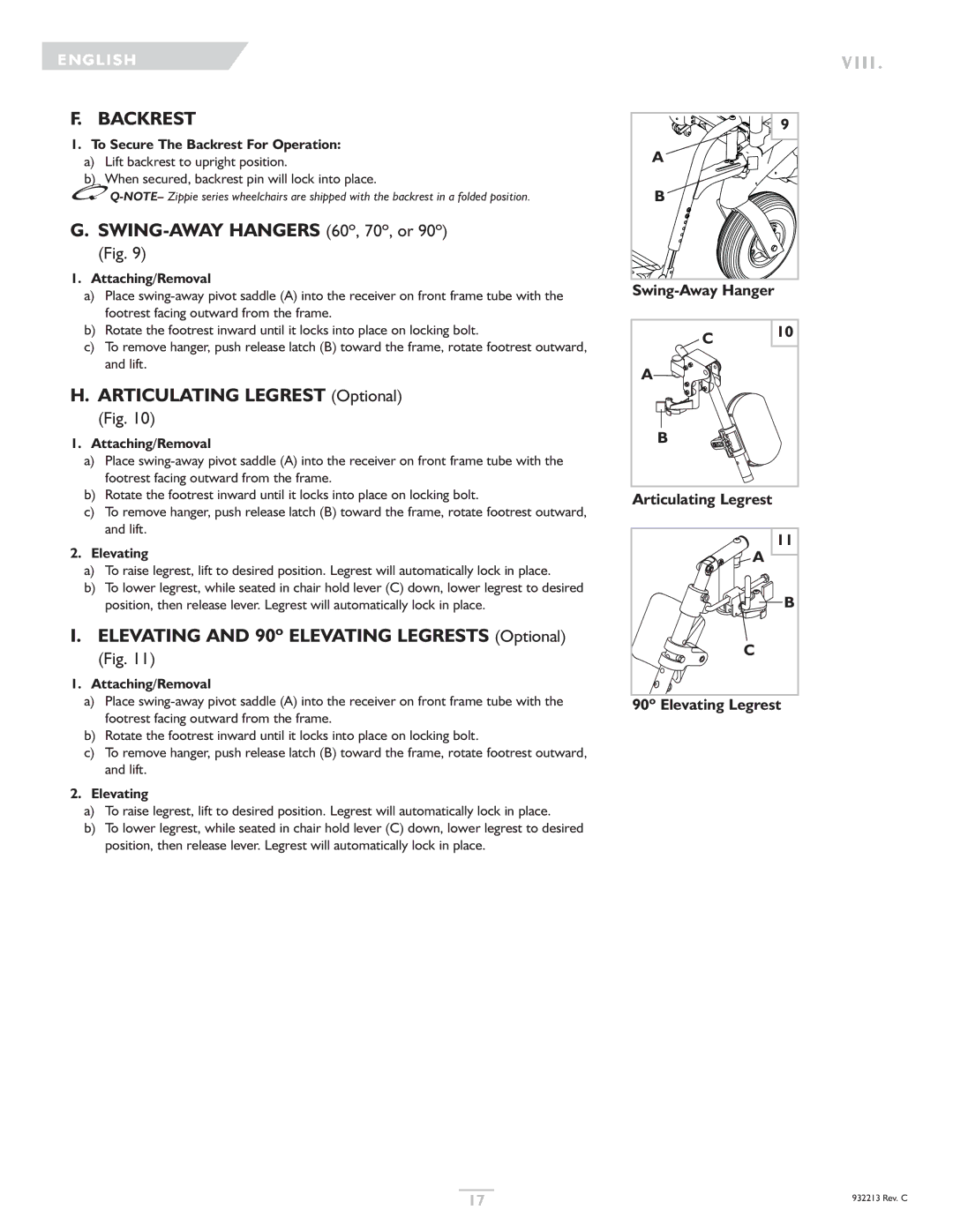 Sunrise Medical Z-Bop owner manual Backrest, SWING-AWAY Hangers 60º, 70º, or 90º Fig, Articulating Legrest Optional Fig 