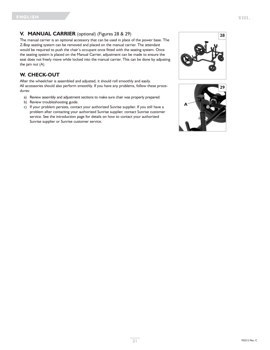 Sunrise Medical Z-Bop owner manual Check-Out, Manual Carrier optional Figures 28 