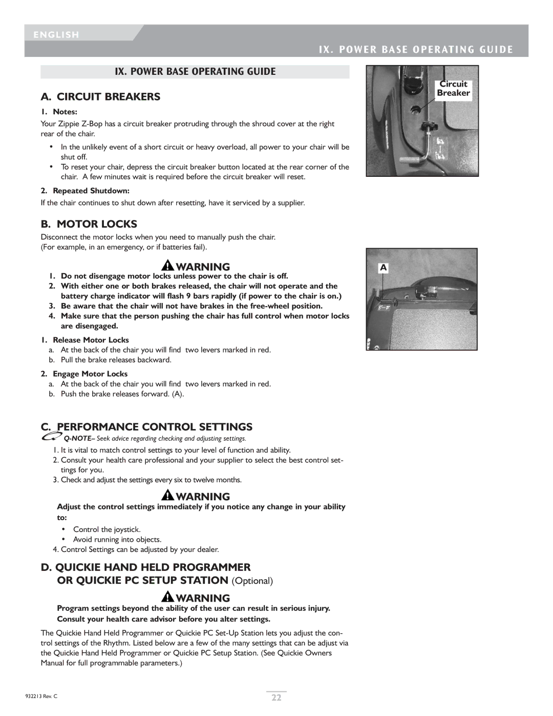 Sunrise Medical Z-Bop owner manual IX . Power Base Operating Guide, Circuit Breakers, Performance Control Settings 