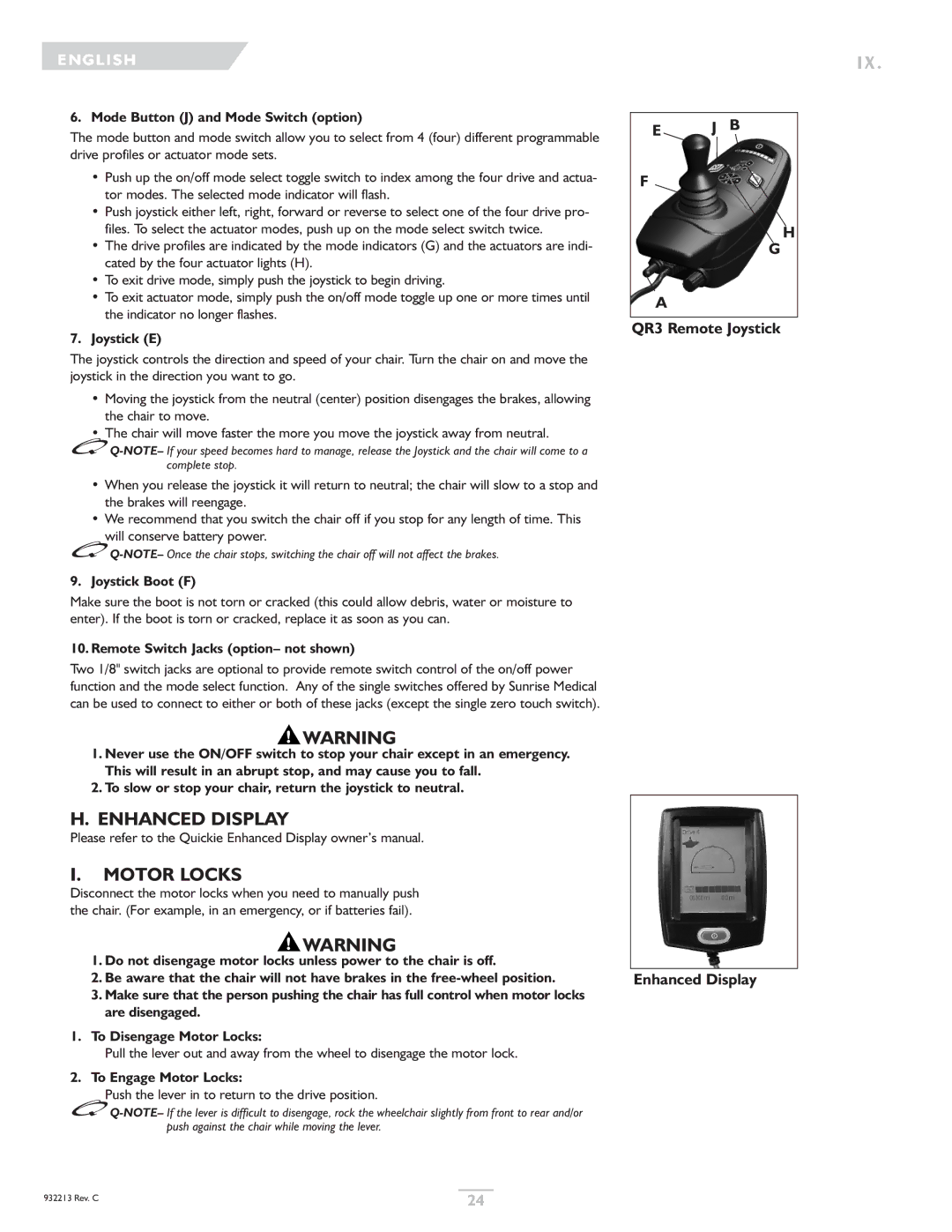 Sunrise Medical Z-Bop owner manual Enhanced Display Motor Locks 