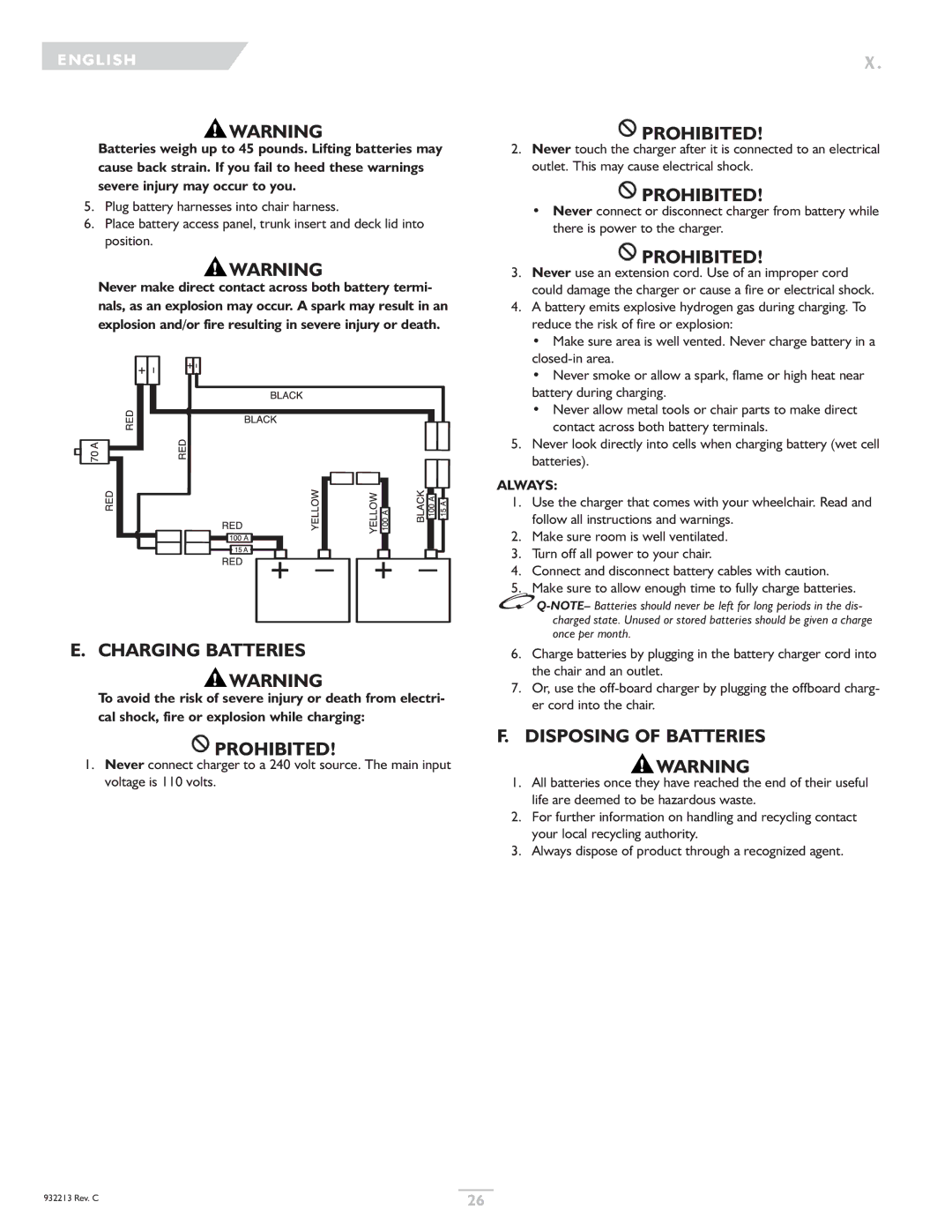 Sunrise Medical Z-Bop owner manual Charging Batteries, Disposing of Batteries 