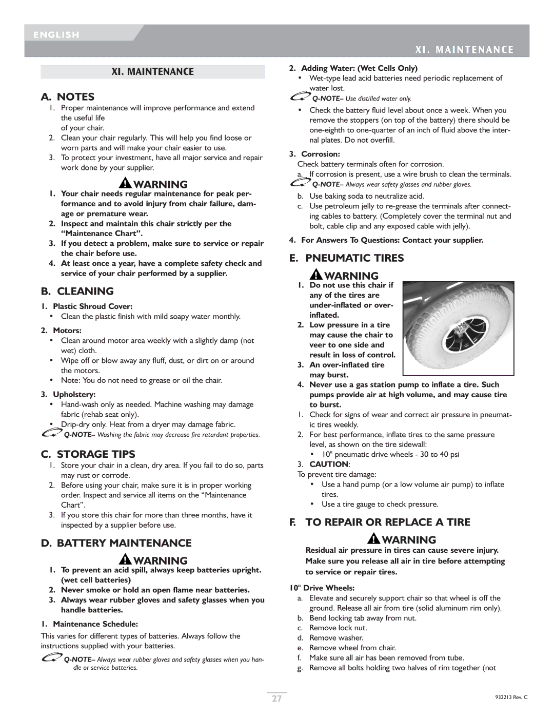 Sunrise Medical Z-Bop Cleaning, Storage Tips, Battery Maintenance, XI . Maintenance, To Repair or Replace a Tire 