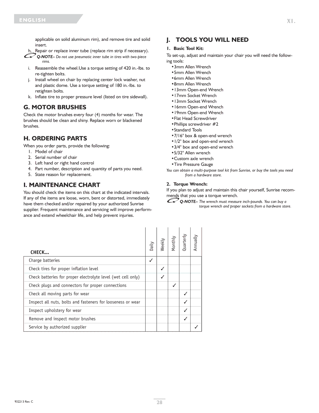 Sunrise Medical Z-Bop owner manual Motor Brushes, Ordering Parts, Maintenance Chart, Tire Pressure Gauge 