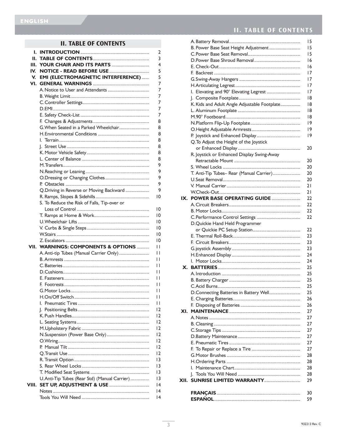 Sunrise Medical Z-Bop owner manual II . Table of Contents 