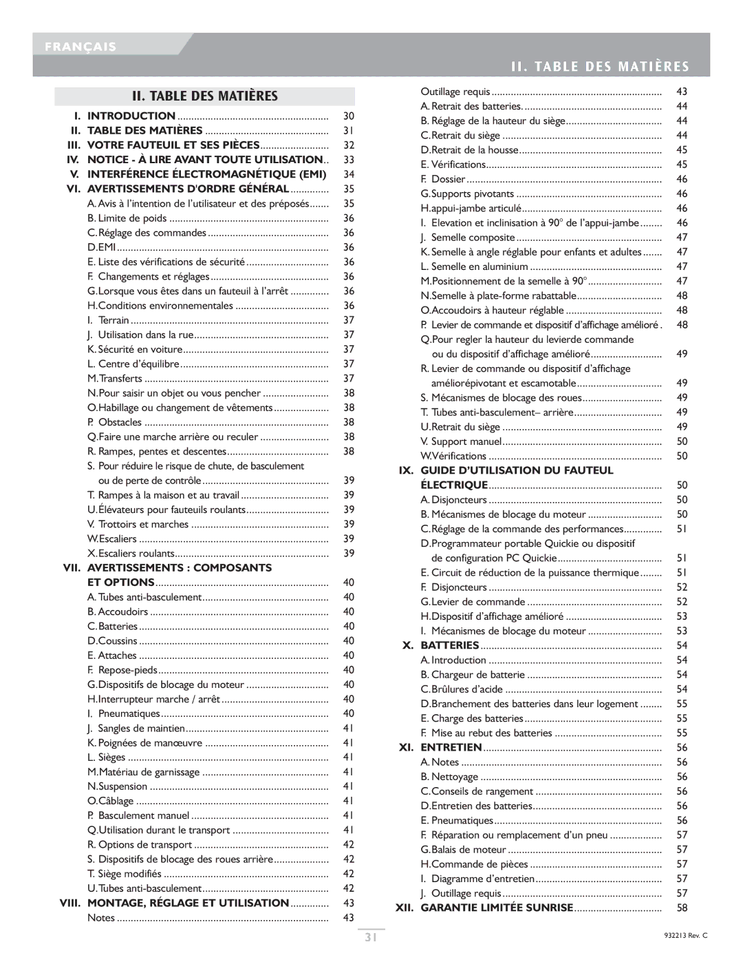 Sunrise Medical Z-Bop owner manual II. Table DES Matières, II . Table DES Matières 