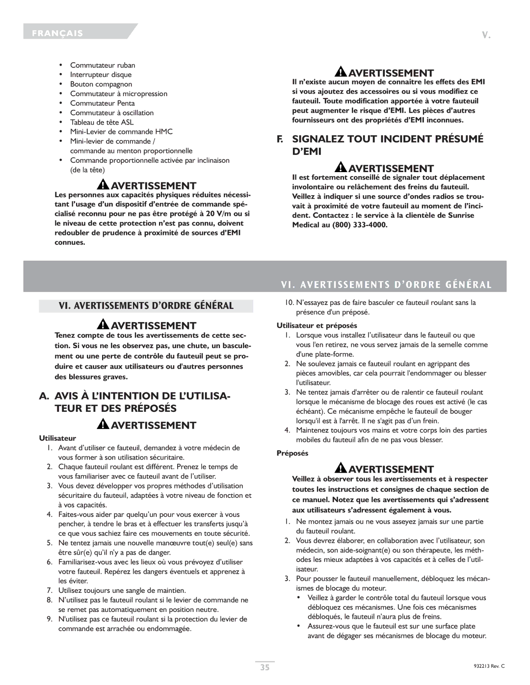 Sunrise Medical Z-Bop owner manual Signalez Tout Incident Présumé D’EMI Avertissement, VI. Avertissements D’ORDRE Général 