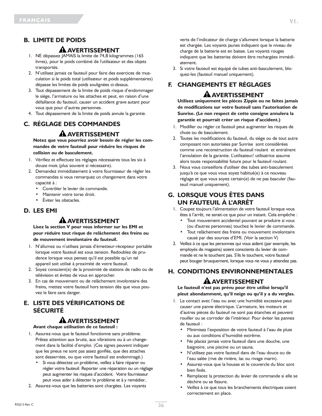 Sunrise Medical Z-Bop Limite DE Poids Avertissement, Réglage DES Commandes Avertissement, LES EMI Avertissement 