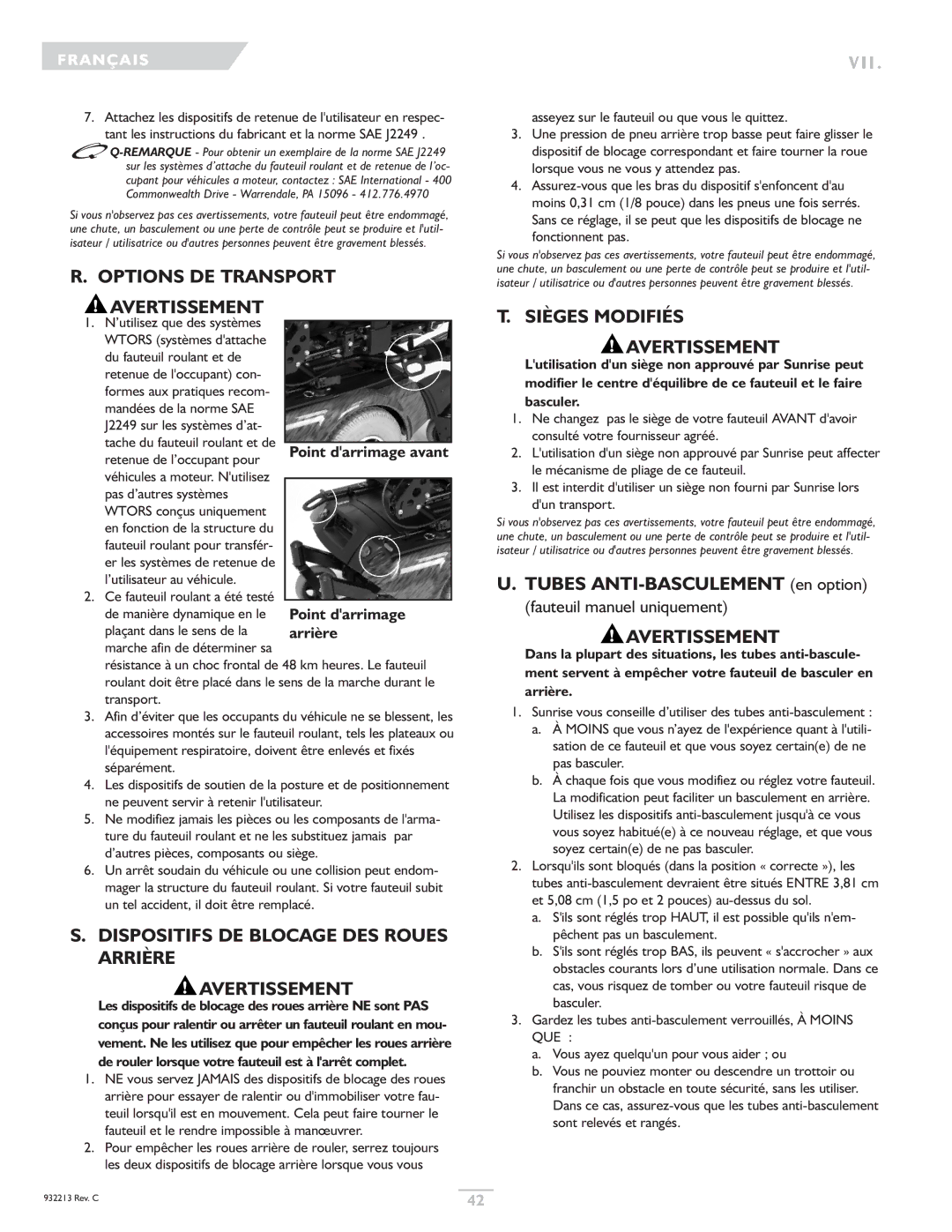 Sunrise Medical Z-Bop Options DE Transport Avertissement, Dispositifs DE Blocage DES Roues Arrière Avertissement 