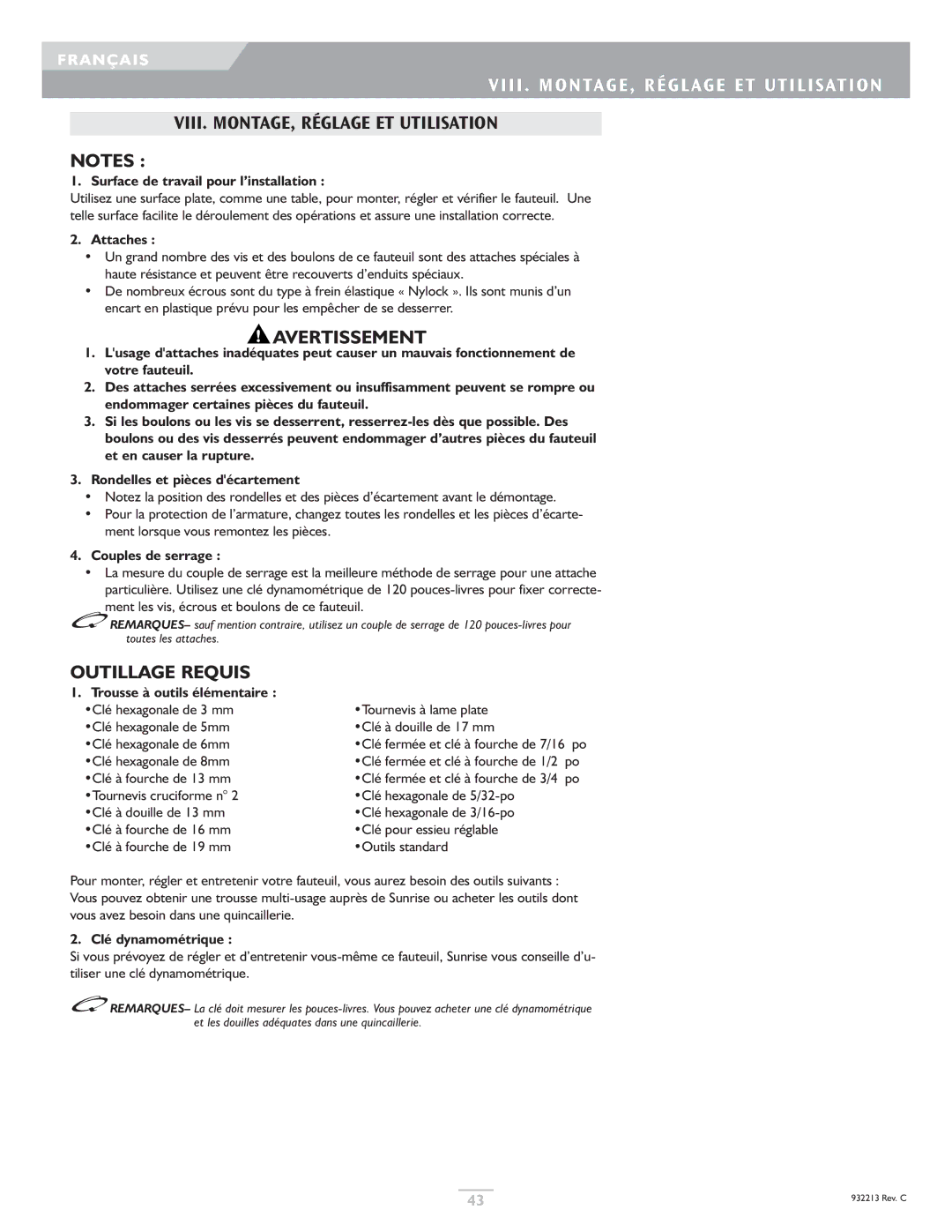 Sunrise Medical Z-Bop Viii . MONTAGE, Réglage ET Utilisation, VIII. MONTAGE, Réglage ET Utilisation, Outillage Requis 