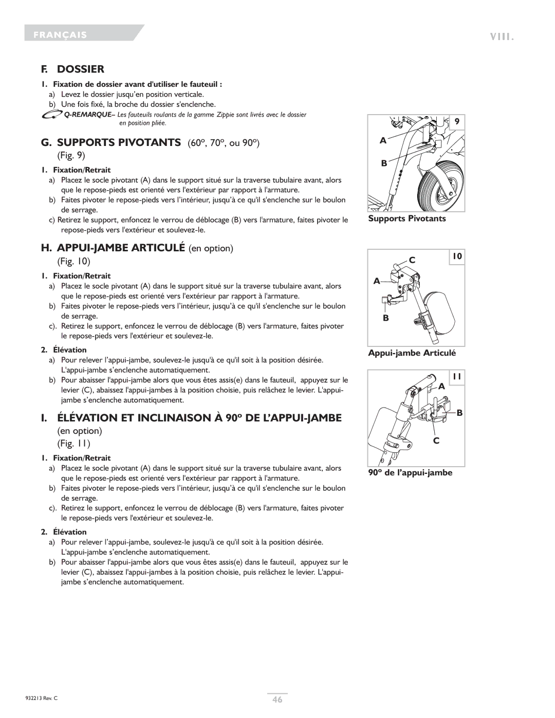 Sunrise Medical Z-Bop Dossier, Élévation ET Inclinaison À 90º DE L’APPUI-JAMBE, Supports Pivotants 60º, 70º, ou 90º Fig 