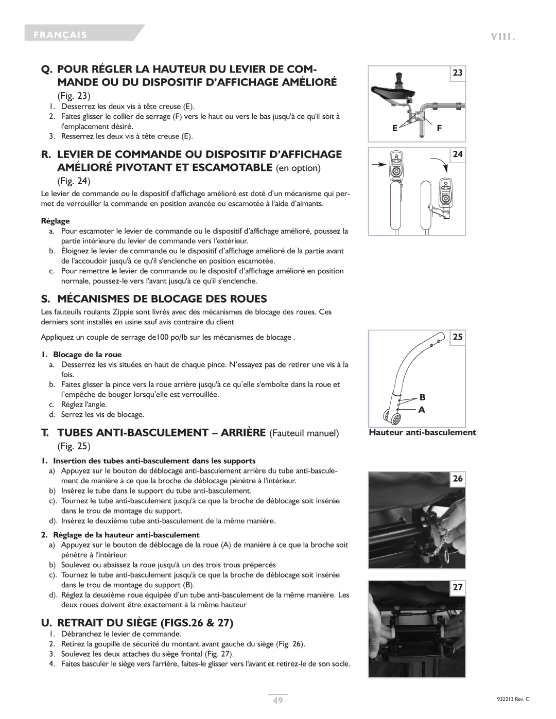 Sunrise Medical Z-Bop owner manual Mécanismes DE Blocage DES Roues, Retrait DU Siège FIGS.26 