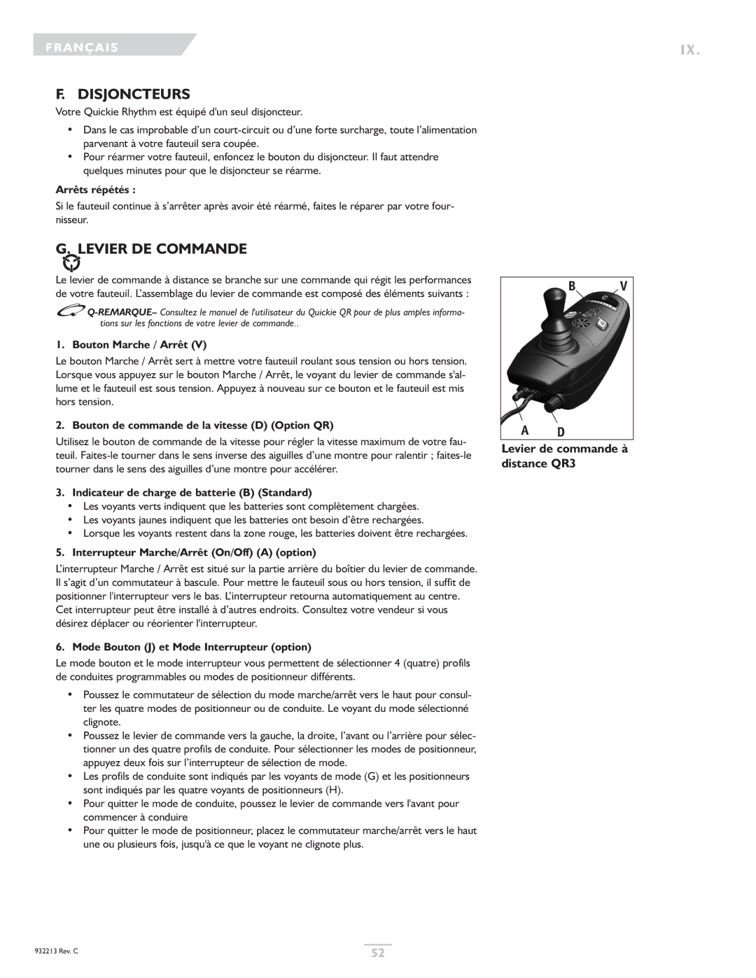 Sunrise Medical Z-Bop owner manual Levier DE Commande 