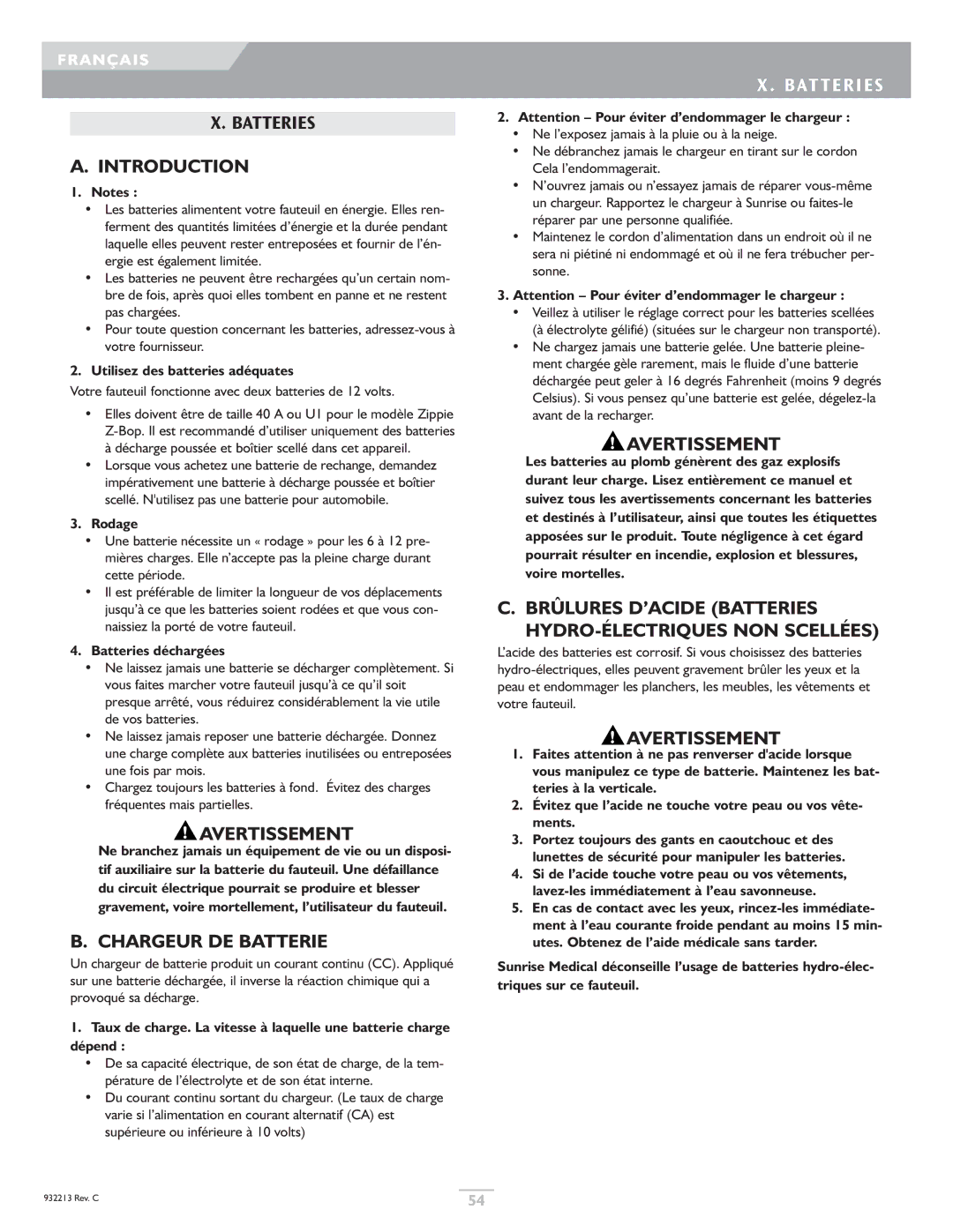 Sunrise Medical Z-Bop owner manual Chargeur DE Batterie, Utilisez des batteries adéquates, Rodage, Batteries déchargées 