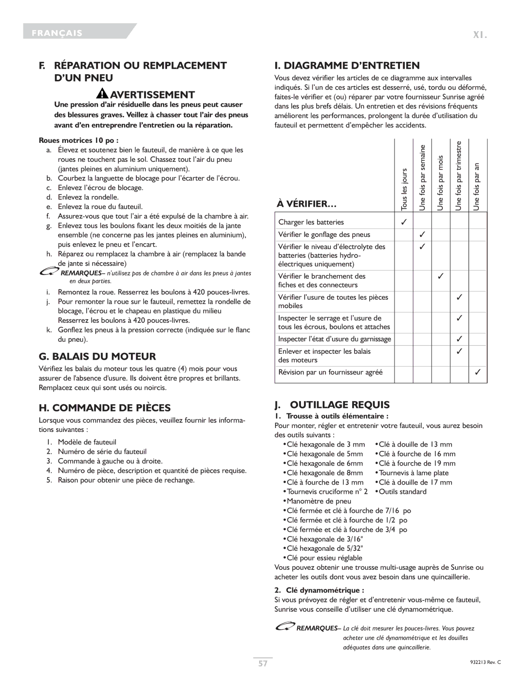 Sunrise Medical Z-Bop owner manual Réparation OU Remplacement D’UN Pneu Avertissement, Balais DU Moteur, Commande DE Pièces 