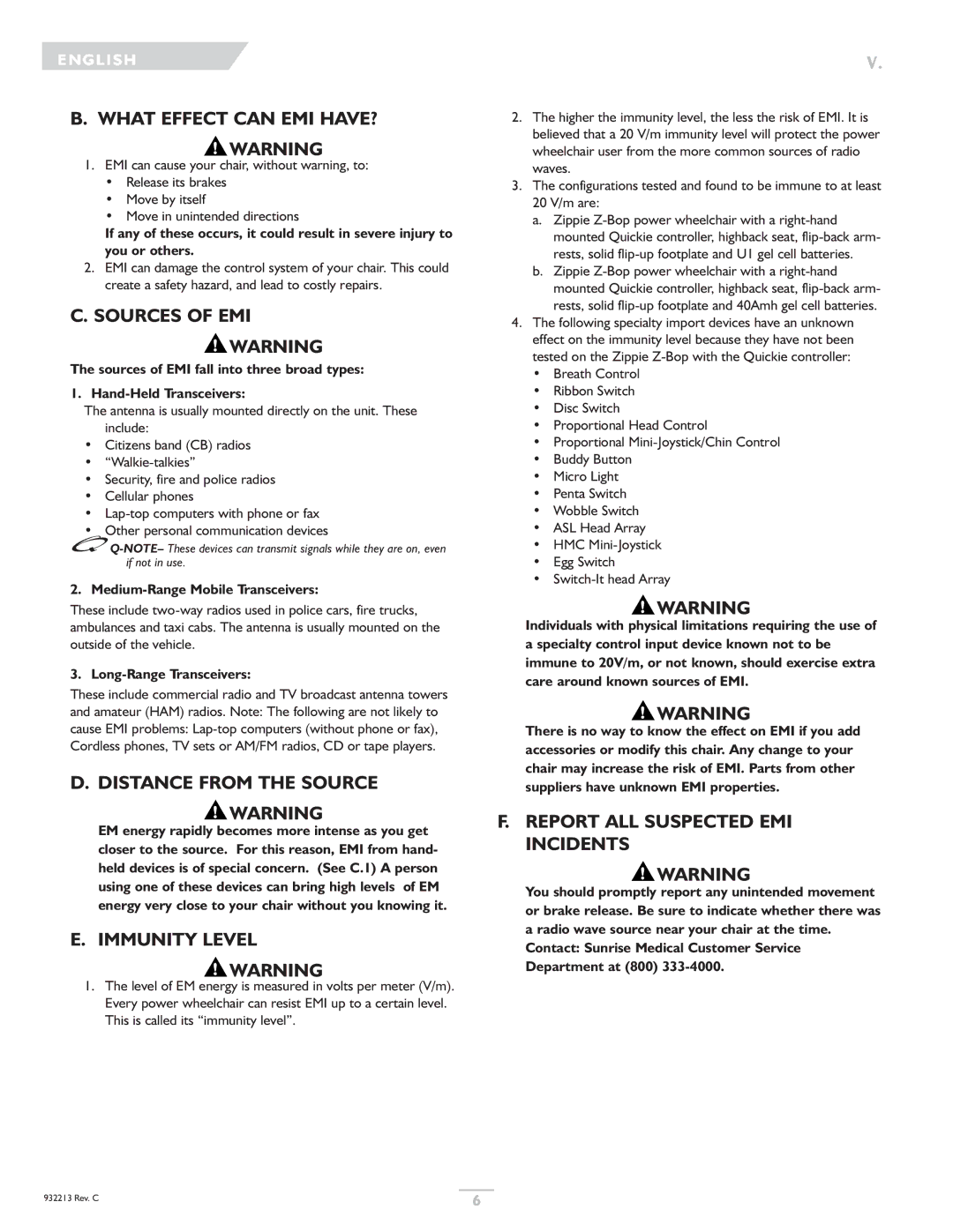 Sunrise Medical Z-Bop What Effect can EMI HAVE? Warning, Sources of EMI, Distance from the Source Warning, Immunity Level 