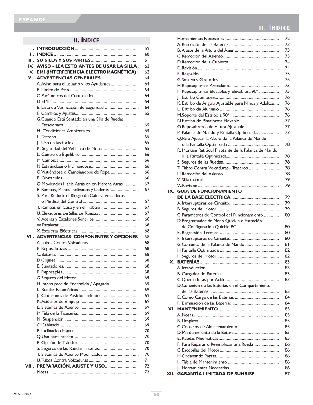 Sunrise Medical Z-Bop owner manual II. Índice, II . Índice, Notas, Revision, Introducción 