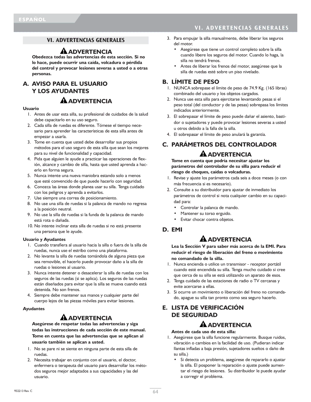 Sunrise Medical Z-Bop owner manual Aviso Para EL Usuario Y LOS Ayudantes Advertencia, Límite DE Peso, EMI Advertencia 