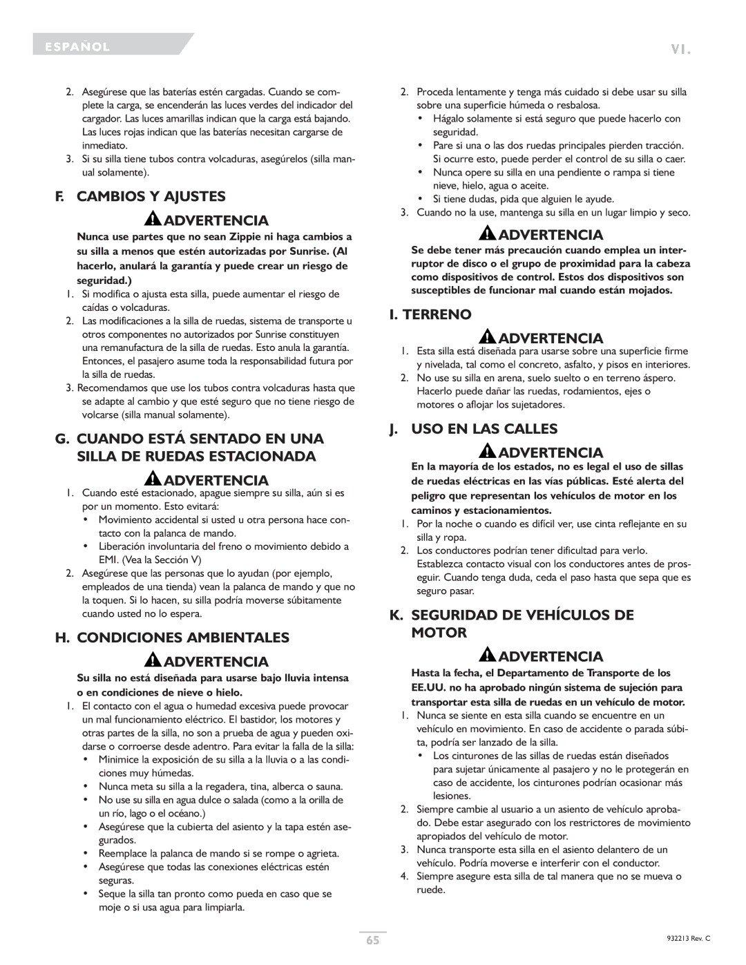 Sunrise Medical Z-Bop owner manual Cambios Y Ajustes Advertencia, Condiciones Ambientales Advertencia, Terreno Advertencia 