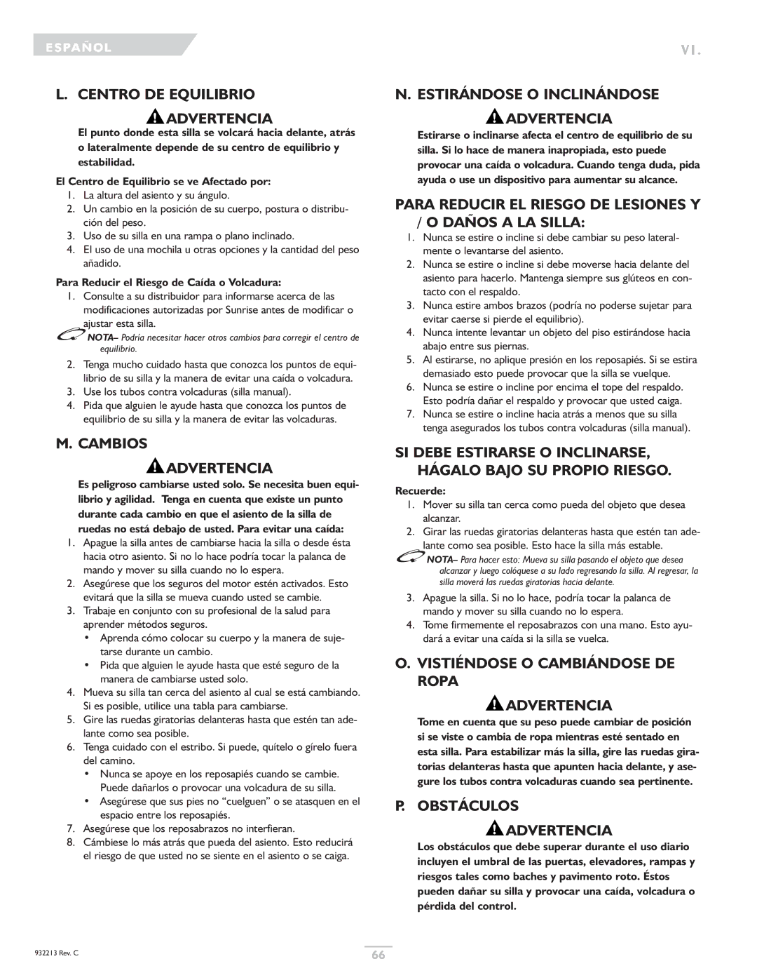 Sunrise Medical Z-Bop Centro DE Equilibrio Advertencia, Cambios Advertencia, Estirándose O Inclinándose Advertencia 