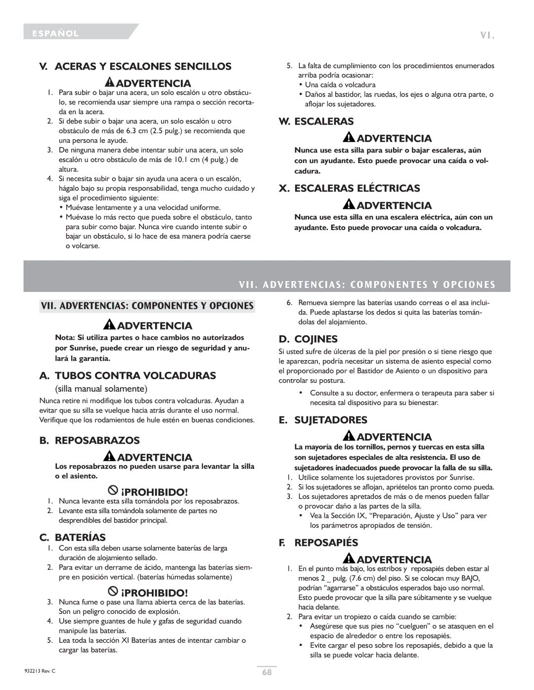 Sunrise Medical Z-Bop Escaleras Advertencia, Escaleras Eléctricas Advertencia, Tubos Contra Volcaduras, Cojines, Baterías 