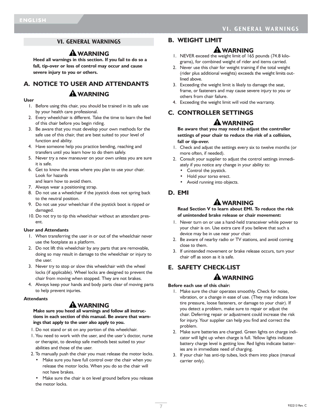 Sunrise Medical Z-Bop owner manual VI . General Warnings, Weight Limit, Controller Settings, Emi, Safety CHECK-LIST 