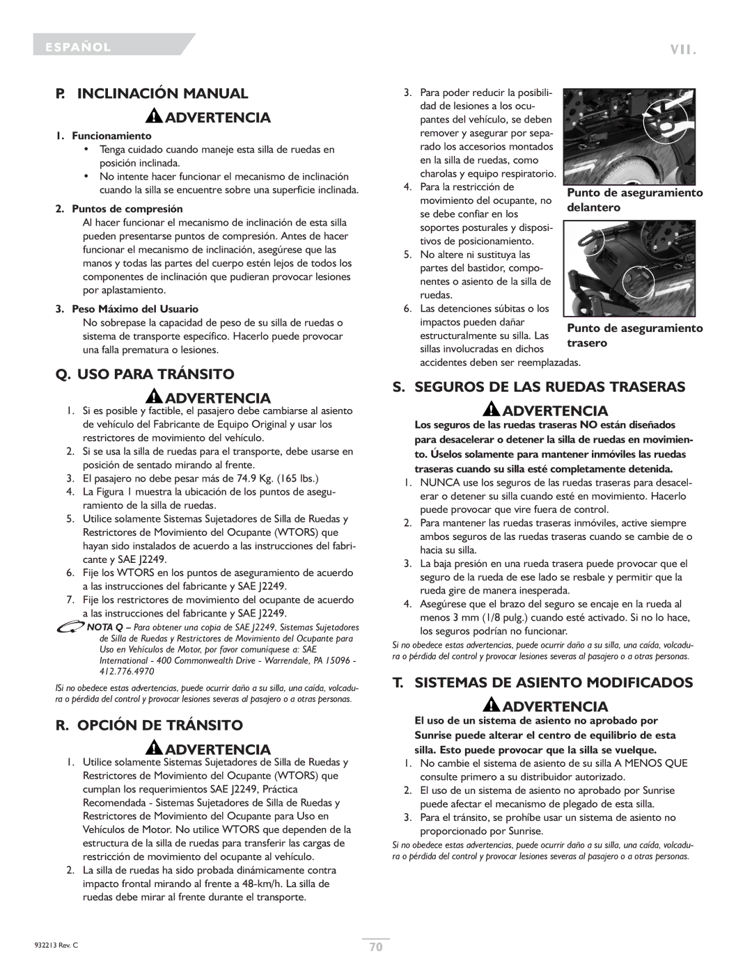 Sunrise Medical Z-Bop Inclinación Manual Advertencia, USO Para Tránsito Advertencia, Opción DE Tránsito Advertencia 