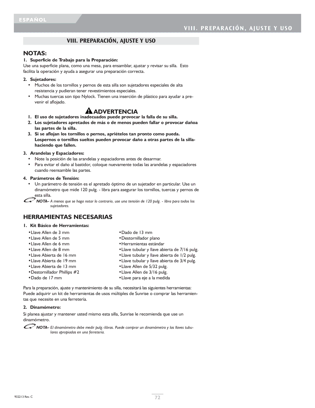 Sunrise Medical Z-Bop Viii . PREPARACIÓN, Ajuste Y USO, VIII. PREPARACIÓN, Ajuste Y USO, Notas, Herramientas Necesarias 