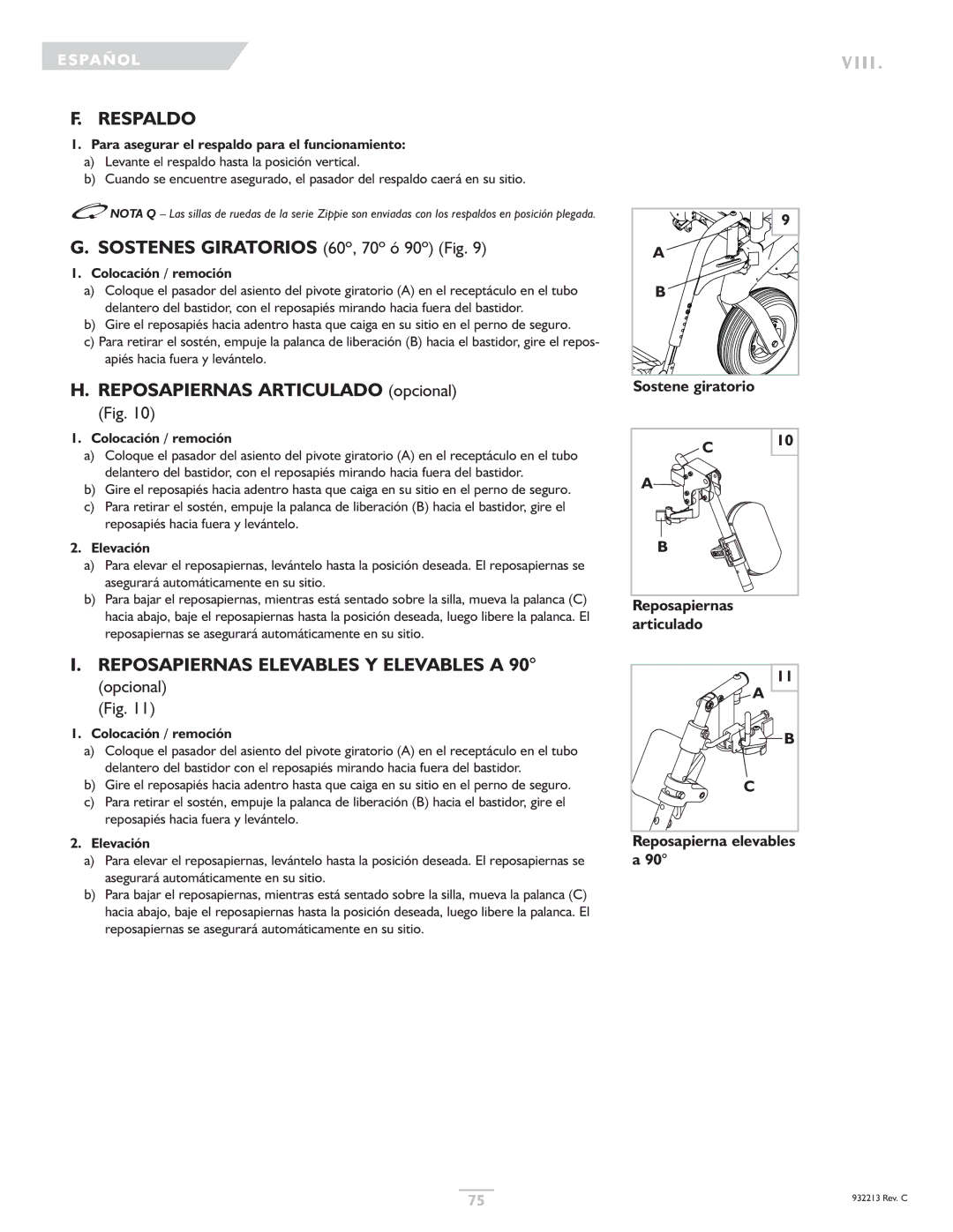 Sunrise Medical Z-Bop owner manual Respaldo, Reposapiernas Elevables Y Elevables a, Sostenes Giratorios 60º, 70º ó 90º Fig 