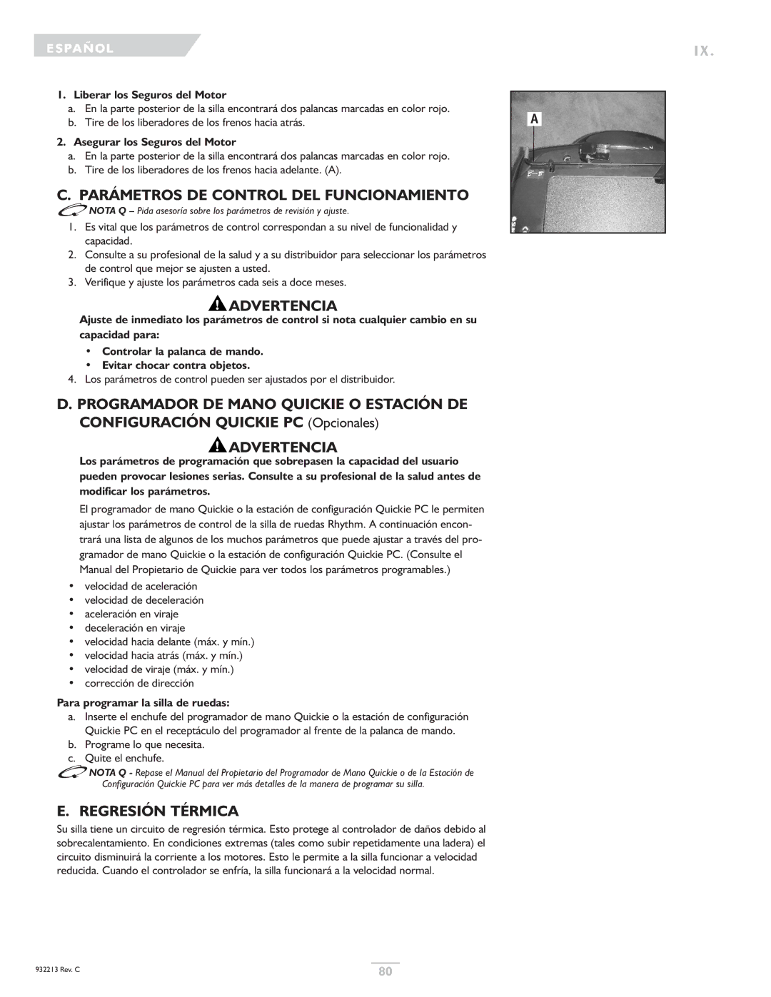 Sunrise Medical Z-Bop Parámetros DE Control DEL Funcionamiento, Regresión Térmica, Liberar los Seguros del Motor 